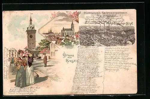 Lithographie Basel, Ortsansicht, Hoffmanns`s Stärkefabriken Salzuflen