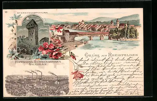 Lithographie Rheinfelden, Storchennestthurm, Hoffmann`s Stärkefabriken Salzuflen, Ortsansicht