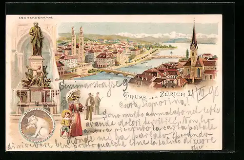 Lithographie Zürich, Teilansicht mit Brücke, Escherdenkmal, Reklame für Hoffmann`s Stärkefabriken