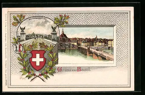 Lithographie Basel, Wetzsteinbrücke, Schweizer Wappen, Stadtansicht
