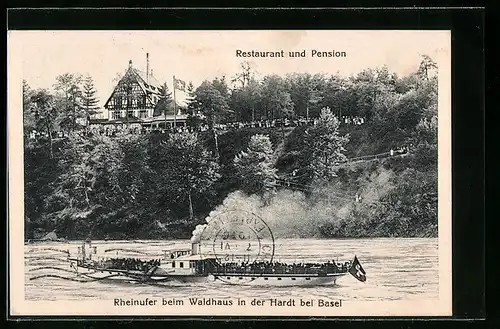 AK Dampfer am Rheinufer beim Waldhaus in der Hardt bei Basel, Restaurant und Pension