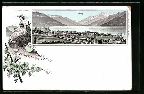 Lithographie Vevey, Panorama, Costume vaudois