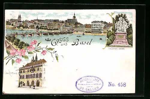 Lithographie Basel, Strassburger Denkmal, Das Rathaus, Panorama