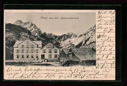 AK Meglisalp, Gasthaus zur Meglisalp mit Bergpanorama im Hintergrund