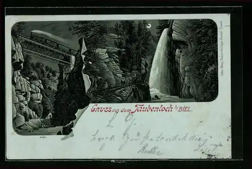 Lithographie Biel, Taubenlochschlucht bei Nacht, Wasserfall, Eisenbahnbrücke