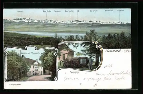 AK Pfannenstiel, Gasthaus Pfannenstiel, Okenshöhe, Bergpanorama mit Glärnisch und Scheerhorn