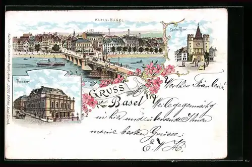 Lithographie Basel, Klein-Basel, Spalen-Thor und Theater
