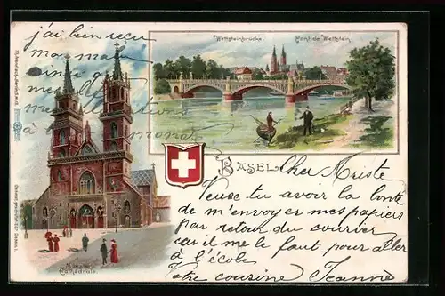 Lithographie Basel, Wettsteinbrücke, Münster und Wappen