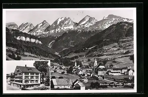 AK Neu St. Johann, Gasthaus und Pension Schäfle, Panoramablick