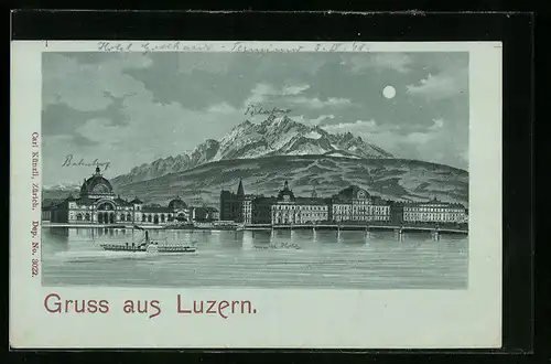 Lithographie Luzern, Dampfer nähert sich der Stadt