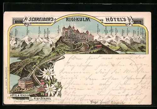 Lithographie Rigi-Kulm, Schreiber`s Hotels, Hotel & Pension Rigi-Staffel, Mittelhorn und Wetterhorn
