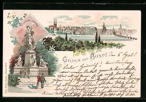 Lithographie Basel, St. Jacobs-Denkmal, Panorama