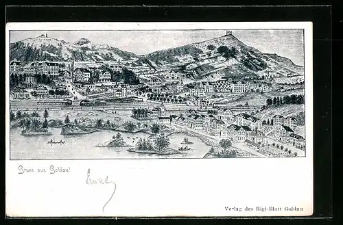 Künstler-AK Goldau, Gruss mit Panorama des Ortes