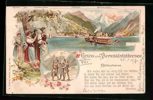 Lithographie Vierwaldstättersee, Dampfer auf dem See, Wanderer winken, Männer beim Schwur
