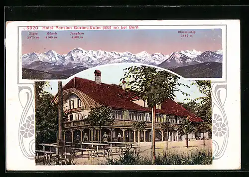 AK Gurten-Kulm b. Bern, Hotel-Pension, Gebirgskette mit Eiger und Mönch