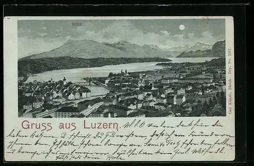 Mondschein-Lithographie Luzern, Blick auf die nächtliche Stadt