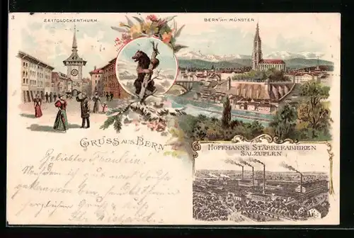 Lithographie Bern, Zeitglockenturm, Bär, Münster, Reklame Hoffmann`s Stärke-Fabrik