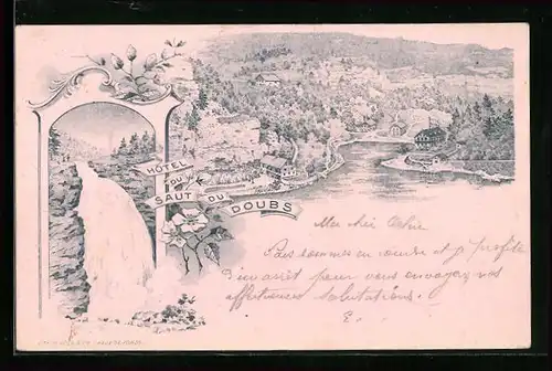 Lithographie Saut du Doubs, Hote du Saut du Doubs mit Umgebung, Wasserfall