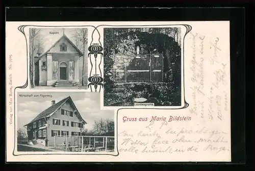 Passepartout-AK Maria Bildstein, Gasthaus Wirtschaft zum Pilgerweg, Kapelle