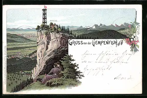 Lithographie Gempenfluh, Panorama mit Gasthaus und Paar