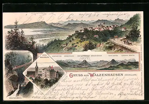 Lithographie Walzenhausen, Hotel Rheinburg, Ortsansicht mit Strasse, Drahtseilbahn