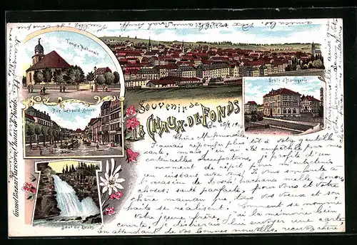 Lithographie Chaux-de-Fonds, Temple Nationale, Ecole d`Horlogerie, Ortsansicht