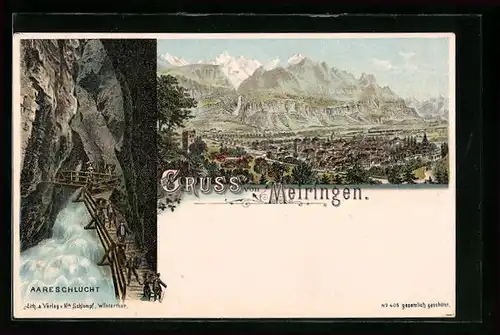 Lithographie Meiringen, Ortsansicht aus der Vogelschau mit Aareschlucht