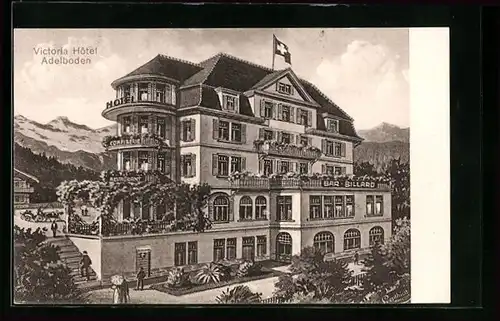 Künstler-AK Adelboden, Victoria-Hotel mit Anlagen und Aussentreppe