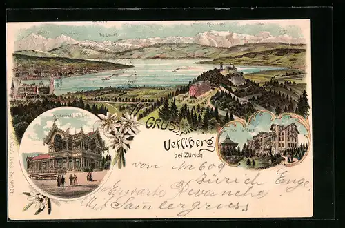 Lithographie Uetliberg, Gesamtansicht, Restaurant Uto Kulm, Hotel Uetliberg