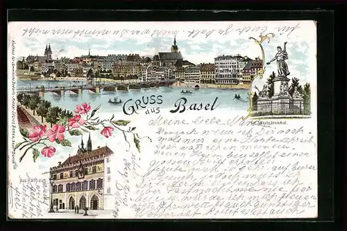 Lithographie Basel, St. Jakobsdenkmal, Rathaus, Ortsansicht mit Brücke