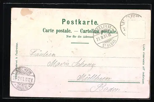 Lithographie Basel, St. Jakobsdenkmal, Rathaus, Ortsansicht mit Brücke