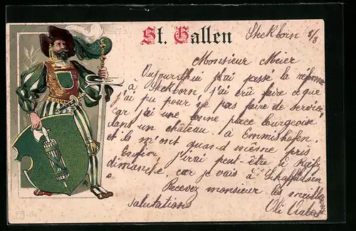 Präge-Lithographie St. Gallen, Ritter mit Wappen-Schild und Schwert