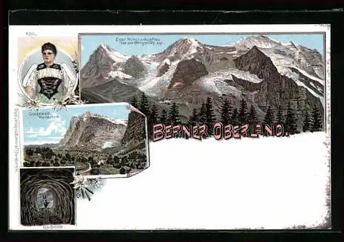 Lithographie Grindelwald, Ortsansicht mit Wetterhorn, Eis-Grotte, Bergpanorama