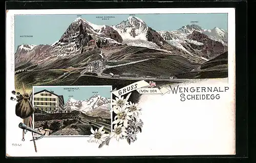 Lithographie Wengernalp-Scheidegg, Panorama mit Wetterhorn, Eiger u. Mönch, Ortspartie