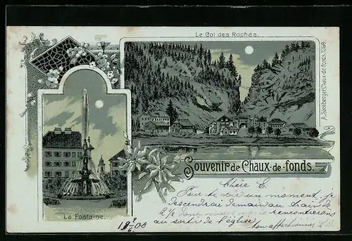 Lithographie La Chaux-de-Fonds, La Fontaine, Le col des Roches