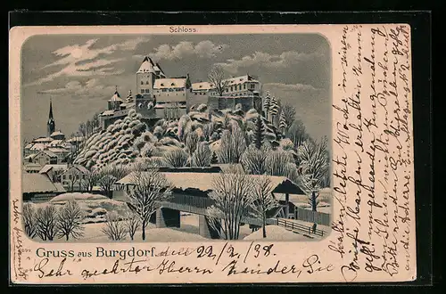 Mondschein-Lithographie Burgdorf, Teilansicht mit Schloss im Winter