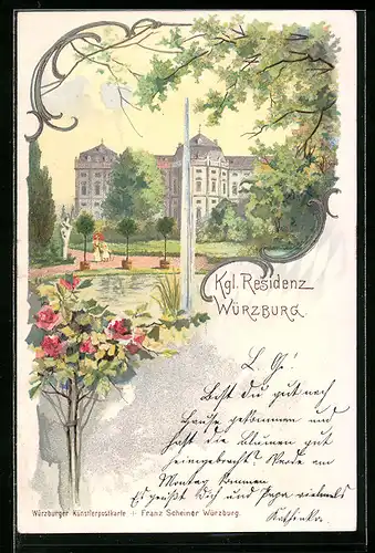 Lithographie Würzburg, Kgl. Residenz aus den Anlagen gesehen