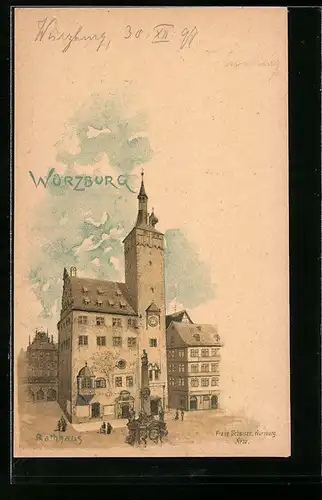 Lithographie Würzburg, Ortspartie am Rathhaus