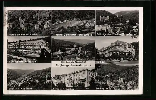 AK Schlangenbad /Taunus, Kurhaus Römerbad, ev. Kirche u. Blick vom Musensitz