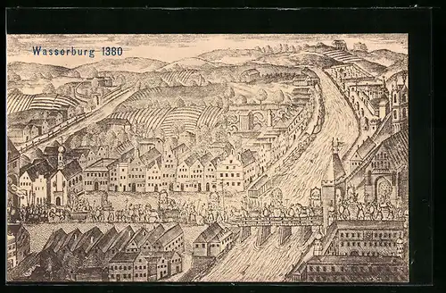 Künstler-AK Wasserburg, Ortsansicht aus dem Jahre 1380