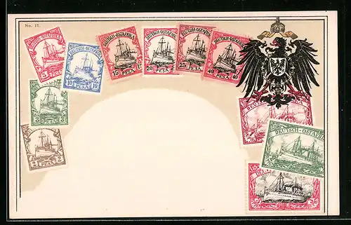 Künstler-AK Deutsch-Ostafrika, Briefmarken und Wappen