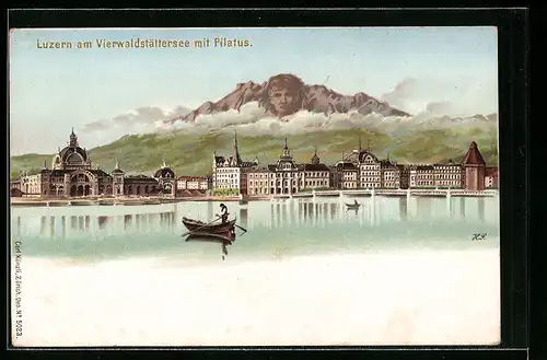 Lithographie Luzern, Ort vom See mit Pilatus, Berg mit Gesicht - Künzli Nr. 5023