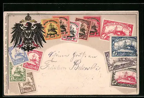 Präge-Lithographie Briefmarken aus Deutsch-Südwestafrika, Reichsadler mit Wappen