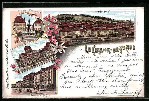 Lithographie La Chaux-de-Fonds, Grand Hotel Central, La Synagogue, Synagoge