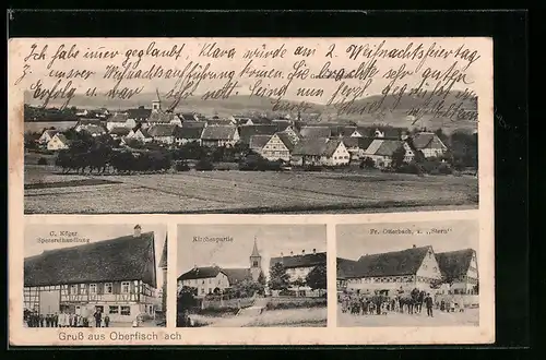 AK Oberfischach, Gasthaus zum Stern von Fr. Otterbach, Spezereihandlung C. Köger, Kirchenpartie