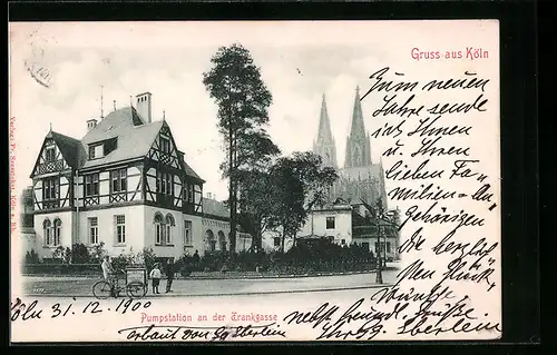 AK Köln, Pumpstation an der Strasse Trankgasse mit Kirche