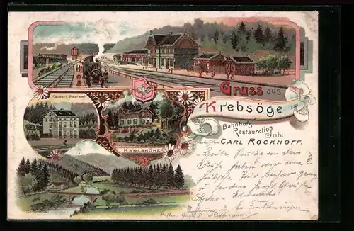 Lithographie Krebsöge, Bahnhof mit Umgebung, Karlshöhe, Postamt, Wappen