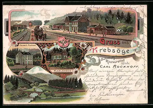 Lithographie Krebsöge, Bahnhofs-Restaurant Carl Rockhoff, Kaiserliches Postamt, Karlshöhe
