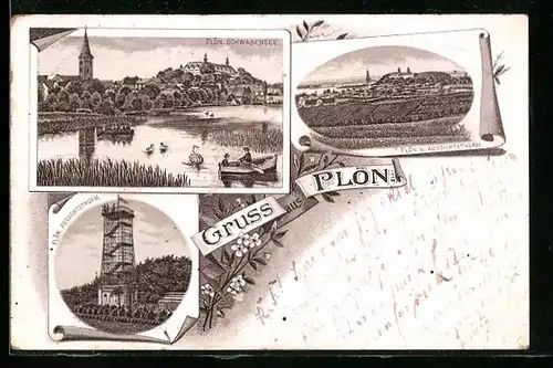 Vorläufer-Lithographie Plön, 1893, Schwanensee, Gesamtansicht, Aussichtsturm