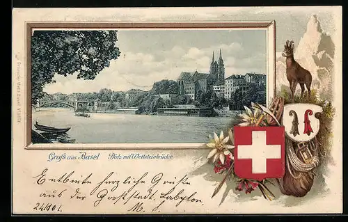 Passepartout-Lithographie Basel, Pfalz mit Wettsteinbrücke, Wappen